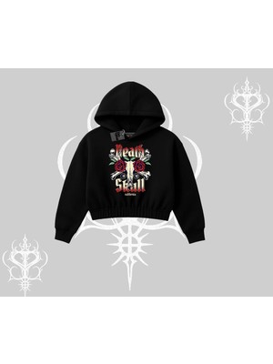 Aesco Tarzsokak Kapşonlu Crop Sweatshirt Skull & Roses Vintage West Coast Rebellion, Siyah, L