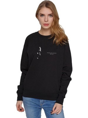 Aesco Qivi Atatürk Fikirler Ölmez Baskılı Siyah Kadın Örme Sweashirt Uzun Kol (M)