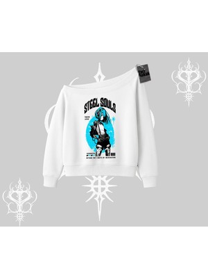Aesco Tarzsokak Kayık Yaka Sweatshirt Anime Cyberpunk Kız Baskılı, Beyaz, S