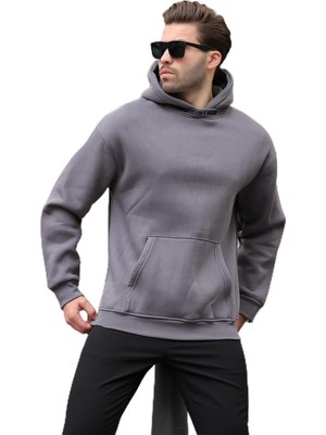 Aesco Madmext Füme Kapüşonlu Nakış Detaylı Sweatshirt 7099,FÜME 2xl
