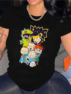 Aesco Tarzsokak Siyah Karikatür Grafikli Rugrats Karakterleri Baskı Günlük Bisiklet Yaka Polyester Karışımı S, Siyah-20, L