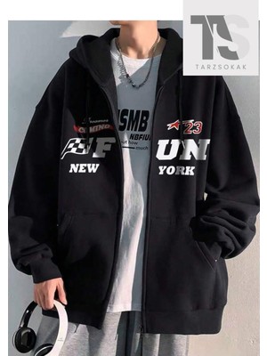 Aesco Tarzsokak Fun 23 New York Sweatshirt Fermuarlı Hırka Siyah, Siyah Fun, M