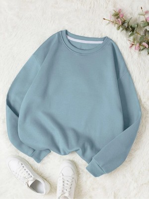 Aesco Tarzsokak Unisex Düz Renkli Oversize Bisiklet Yaka Pamuklu Sweatshirt Bebe Mavi, Bebe Mavi, S/m