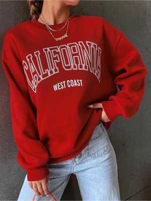 Aesco Tarzsokak Unisex Calıfornia Özel Seri Oversize Bisiklet Yaka Pamuklu Sweatshirt, Kırmızı, L/xl