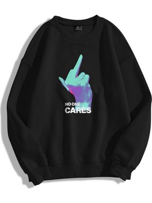 Aesco Tarzsokak Y2K Unisex No One Cares Bisiklet Yaka Sweatshirt Kod 1868, SIYAH-613, S