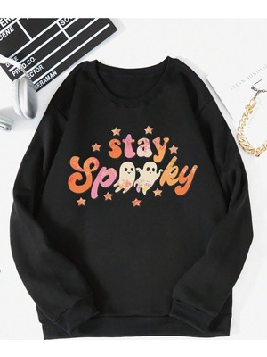 Aesco Tarzsokak Halloween Letter Graphic Lined Sweatshirt Siyah, Siyah, S/m