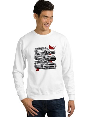 Aesco Qivi Nissan Skyline R34 Gtr Toyota Supra Baskılı Beyaz Erkek Örme Sweatshirt Uzun Kol BGA1142-ERKSW, M
