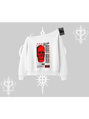 Aesco Tarzsokak Kayık Yaka Sweatshirt Deadly Dreams Skull Redcore Street Manifest, Beyaz, L