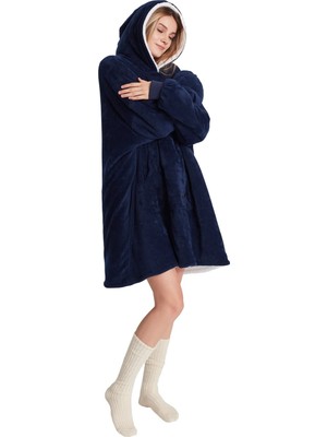 Aesco Poffy Unisex Hoodie Peluş Sweatshirt Tek Beden Çok Rahat Çift Taraflı Giyilebilir Kapşonlu Battaniye (Lacivert)