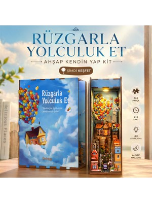 Aesco Balon Ev Book Nook Dıy Kit – Ahşap Minyatür Kitaplık Dekoru, LED Işıklı Kendin Yap Hobi Seti