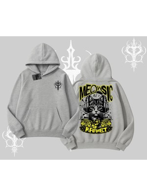 Aesco Tarzsokak Meowsic Purrfect Kedi Arka Baskılı Kapşonlu Sweatshirt, Gri, M
