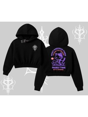Aesco Tarzsokak Family Time Yazılı Sevimli Anne Kedi Arka Baskılı Kapşonlu Crop Sweatshirt, Siyah, M
