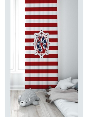 Die Grup Pelangi Denizci Dümen ve Çapa Desenli Dijital Baskı Yıkanabilir Bebek Çocuk Odası Fon Perdesi, Kırmızı-Beyaz 140 x 240