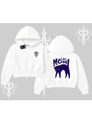 Aesco Tarzsokak Cat Mom Yazılı Minimal Kedi Arka Baskılı Kapşonlu Crop Sweatshirt, Beyaz, M