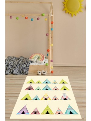 Die Grup Pelangi Kızılderili Çadırı Desenli Renkli Dijital Baskı Yıkanabilir Kaymaz Taban Çocuk Odası Halısı, Krem-Pembe 60 x 120