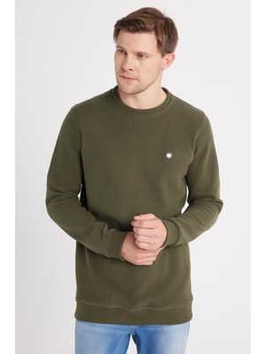 Aesco Tudors Slim Fit Pamuklu Bisiklet Yaka Sweatshirt, Xl, SW250016, Haki, Erkek