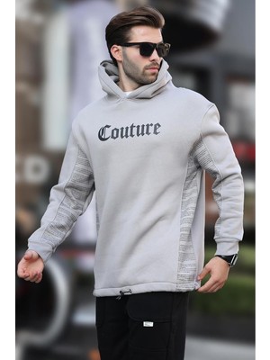Aesco Madmext Boyalı Gri Kapüşonlu Baskılı Erkek Sweatshirt 7090,BOYALI Gri S