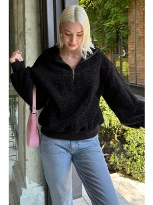 Aesco Madmext Siyah Peluş Fermuar Yaka Sweatshirt MG1413,SIYAH M