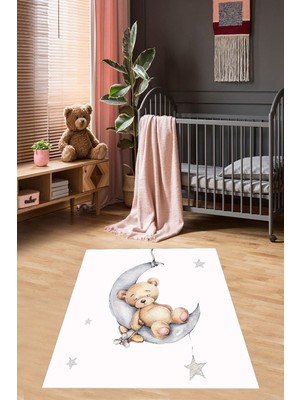 Die Grup Pelangi Ayda Sallanan Ayıcık Desen Renkli Dijital Baskı Yıkanabilir Kaymaz Taban Bebek ve Çocuk Odası Halısı, RENKLI4325 100 x 400