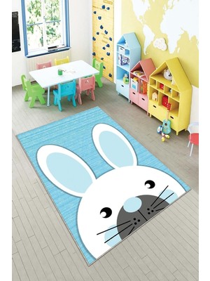 Die Grup Pelangi Mavi Tavşan Desenli Yıkanabilir Kaymaz Taban Leke Tutmazbebek ve Çocuk Odası Halısı, Gri-Mavi 40 x 40, 9013571574040