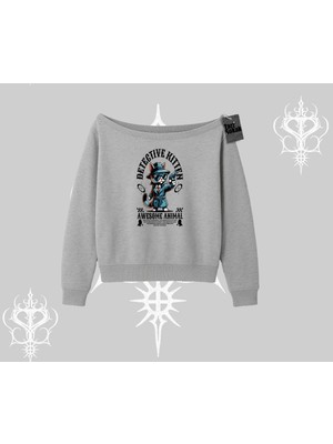 Aesco Tarzsokak Detective Kitten Kedi Baskılı Kayık Yaka Sweatshirt, Gri, M