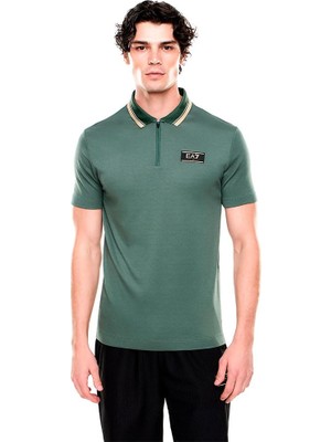 Aesco Erkek Rahat Jarse Kumaşlı Yarım Fermuarlı Kontrast Renk Şeritli Yeşil Polo Yaka T-Shirt 7M001333 AF13739-U7260