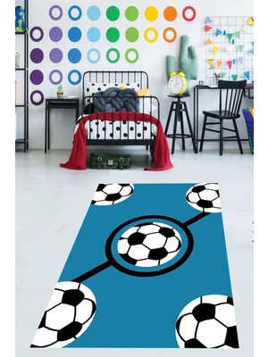 Die Grup Pelangi Futbol Topu Desenli Mavi Yıkanabilir Kaymaz Taban Leke Tutmaz Çocuk Odası Halısı, Mavi-Siyah-Beyaz 80 x 250, 9038680032280250