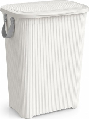 Die Grup Turan Home 45 L Kapaklı Kirli Çamaşır Sepeti | Modern Çizgili Tasarım | Taşıma Kulplu | Dayanıklı Plastik | Banyo, Çamaşır Odası ve Yatak Odası Için | 40 x 34 x 47 Cm, Beyaz