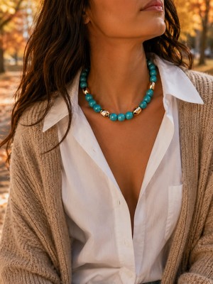 Sinem Şanlı Luna Yaz Koleksiyonu 40 cm 12 mm Doğal Firuze Altın Kaplama Özel Tasarım Choker Kolye