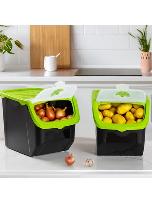 Die Grup Porsima 1506 Yeşil 2'li Çok Amaçlı Plastik Patates Soğan Sarımsak Oyuncak Erzak Saklama Kutusu 12 L