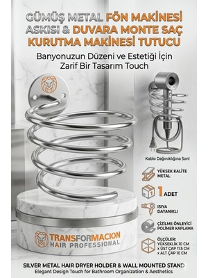 Die Grup Transformacion Gümüş Metal Fön Makinesi Askısı Duvara Monte Saç Kurutma Makinesi Tutucu 719681