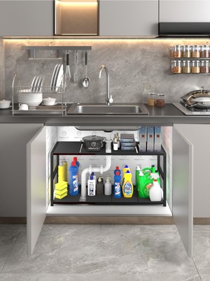 Die Grup Miyuhome Genişletilebilir Raf Ayarlanabilir Düzenleyici Suya Dayanıklı Mutfak Düzenleyici Banyo Düzenleyici Siyah