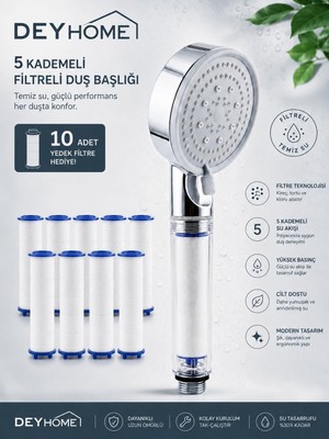 Die Grup Deyhome Filtreli Duş Başlığı, 5 Kademeli Su Akışlı, Yüksek Basınçlı, Kireç Önleyici, Beyaz-Krom, El Duşu (2'li Set)