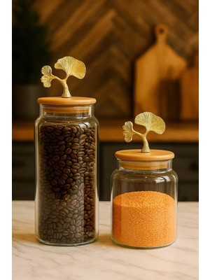 Die Grup Jenısa 2’li Altın Metal Ginkgo Figürlü Bambu Kapaklı Cam Kavanoz – Saklama Kabı 1400ML + 890 ml