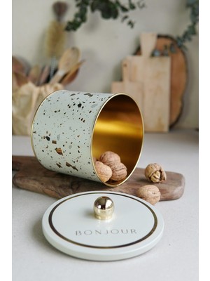 Die Grup Evle-Terrazo Desenli Yuvarlak Metal Saklama Kabı, Erzak Saklama Kabı - Organizer Kutu 14 cm x 12,5 cm (Terrazzo Cream)