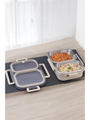 Die Grup Digithome Bento 2 Bölmeli Taşınabilir Paslanmaz Çelik Yemek Kabı Termosu Lunch Box Dikdörtgen Bej 1000ML