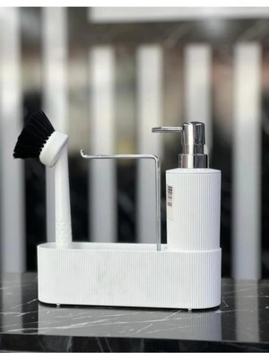 Die Grup Mithra Life 3'lü Krom Kapaklı Beyaz Plastik Deterjanlık Fırçalı Mutfak Banyo Temizlik Seti Düzenleyici MIT1177