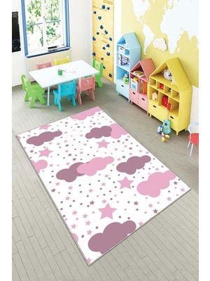 Die Grup Pelangi Beyaz Pembe Bulut Desenli Yıkanabilir Kaymaz Taban Leke Tutmazbebek ve Çocuk Odası Halısı, Pembe-Beyaz 120 x 200