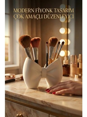 Die Grup Fiyonklu Makyaj Organizeri Pla, Fırçalık ve Kalemlik Düzenleyici Dekoratif Çok Amaçlı Tasarım Beyaz 10 x 10