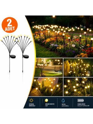 Die Grup 2'li Güneş Enerjili 70 cm Firefly Bahçe Lambası 8 LED Aydınlatma Dekoratif Solar Dış Mekan Balkon Yürüyüş Yolu