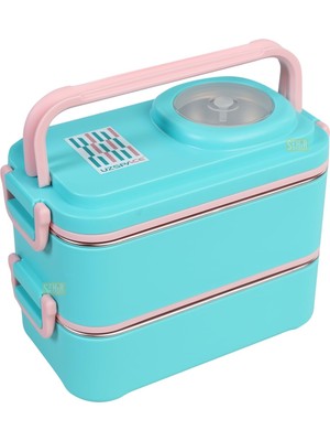 Die Grup Uzspace 1200ML Lunchbox 2 Katlı 4 Bölmeli Mini Kaseli Çelik Sefer Tası Yemek Kutusu (Turkuaz-Pembe)