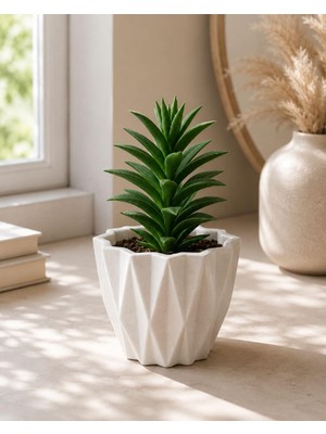 Die Grup Aksesuart Geometrik Desenli Beyaz Saksı, Mat Finish, Masaüstü, Modern Minimalist Stil, Sukulent ve Kaktüs Için, 14X13 cm | Pla 3D Baskı