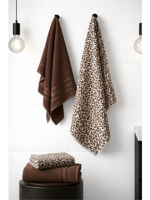 Die Grup My Catherine 4 Parça Lüks Banyo Havlu Seti Leopar Desenli 2 Adet 70X140CM 2 Adet 50X90CM Kahve Kombin, 4lu-Leopar-Kahvekombın