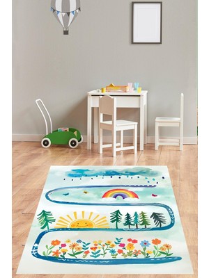 Die Grup Pelangi Bulut Gökkuşağı Güneş Renkli Çiçekler Desenli Yıkanabilir Kaymaz Taban Leke Tutmaz Çocuk Odası Halı, Mavi-Yeşil-Sarı 100 x 250, 7642013610025005