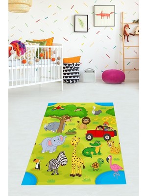 Die Grup Pelangi Fil Zürafa Zebra Timsah Desen Dijital Baskı Yıkanabilir Kaymaz Taban Leke Tutmaz Çocuk Odası Halısı, Renkli 80 x 150