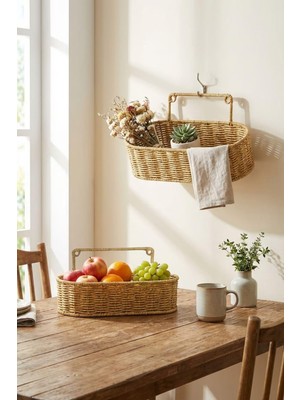 Die Grup Buffer 2'li Duvar Askılı Oval Plastik Rattan Organizer Sepeti, Hasır Görünümlü Banyo ve Mutfak Raf Düzenleme Ünitesi, 28X10X7CM ve 31X12X7CM