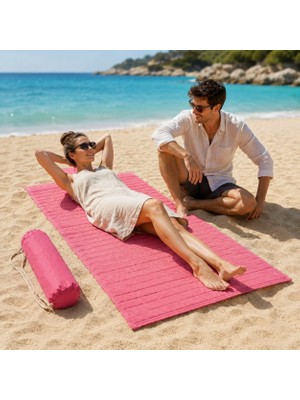 Aesco Deconox Katlanabilir Elyaflı Plaj Hasırı ve Şezlong Matı - 150X75 cm Askılı Taşıma Kılıflı Kamp ve Piknik Örtüsü (Şişme Yastık Hediyeli) (Pembe)
