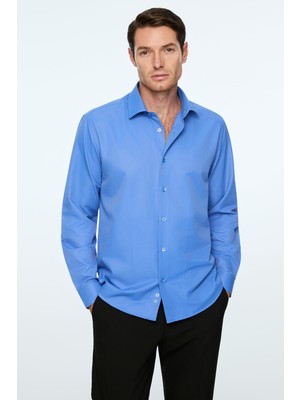 Aesco Morven Erkek Mavi Düz Slim Fit Sert Yaka Gömlek