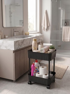 Die Grup 2 Katlı Tekerlekli Organizer Sepet, 28X17 Cm, Beyaz/antrasit Gri, Banyo ve Mutfak Organizeri(Antrasit)