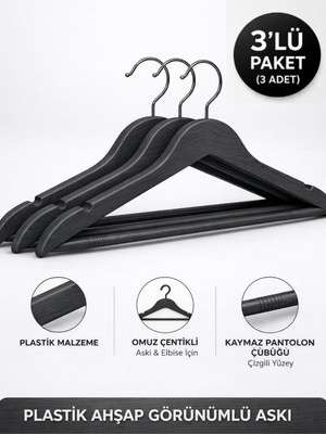 Die Grup Beylini 3'lu Ahşap Görünümlü Plastik Askılık Yetişkin Kıyafetleri Için Dayanıklı Elbise Gömlek Kancalı Askı (Antrasit)